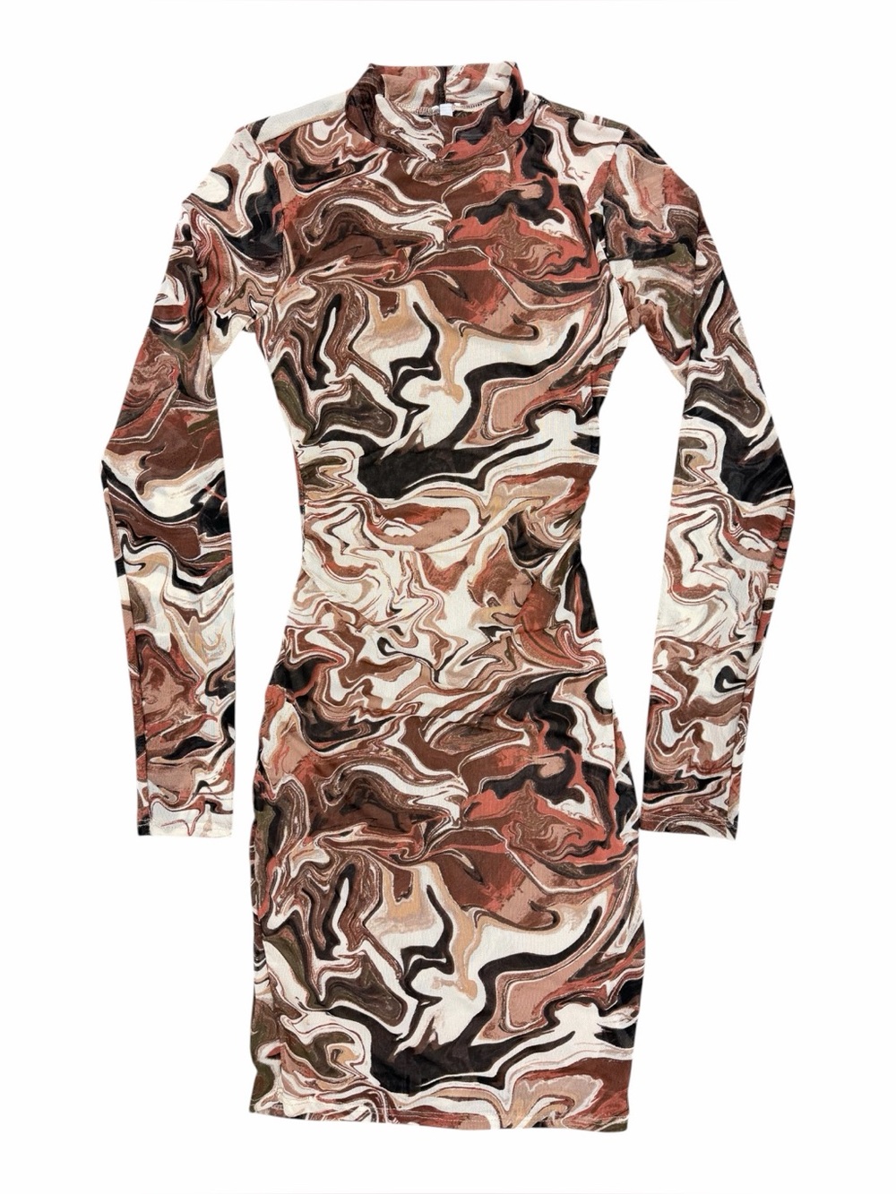 Marbled Mock Neck Mesh Long Sleeve Backless Dress